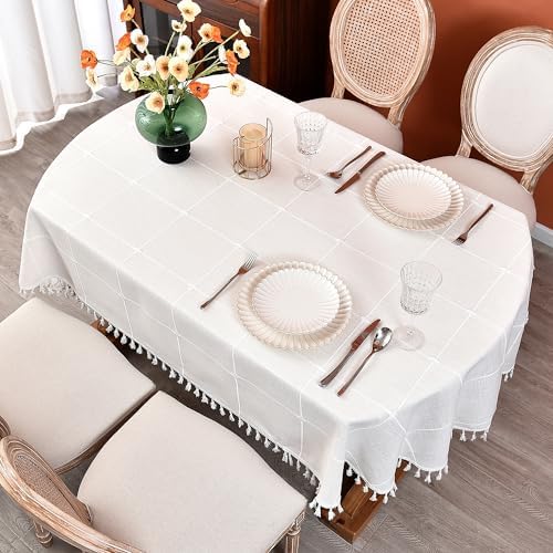 Rustic Cotton Linen Oval Tablecloth, Farmhouse Checkered Heavy Weight
