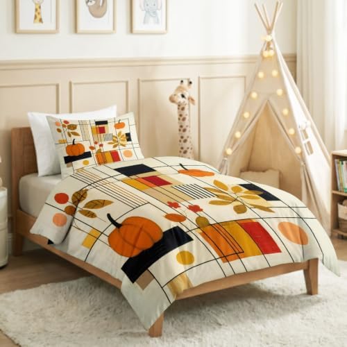 King Duvet Cover Set Geometric Grid Autumn Pumpkin Bedding with
