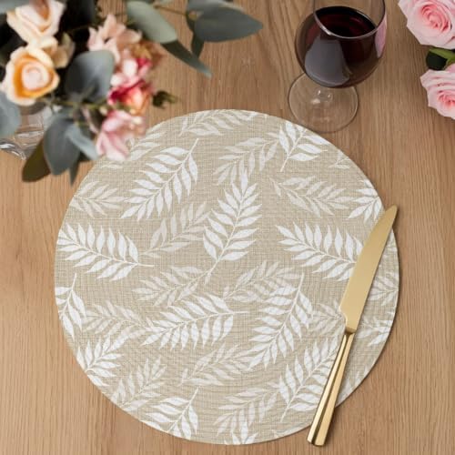 Cream Fronds Round Braided Placemats Set of 8, Beige Leaf Plant Canvas