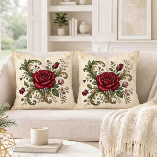 Vintage Red Rose Floral Throw Pillow Covers 18x18 Set of 2