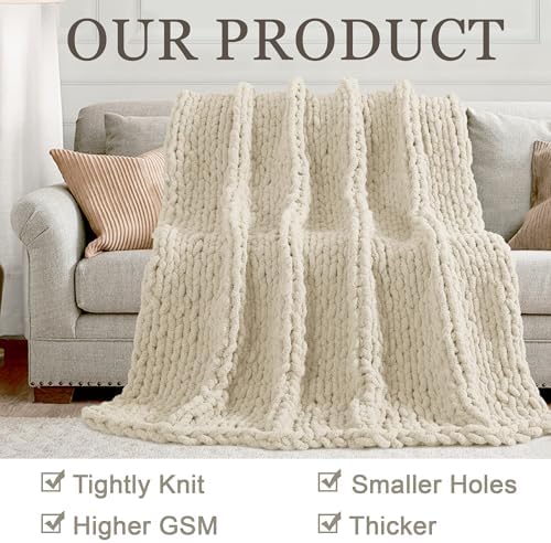 Chunky Knit Throw Blanket 50x60, 100% Handmade Chenille Yarn