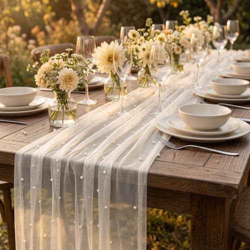 Beige Pearl Gauze Table Runner 120 Inch 10PCS, Dining Wedding Table