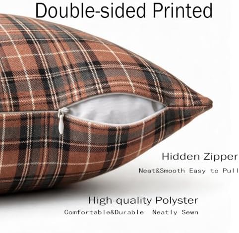Plaid Fall Throw Pillow Covers 18x18 Set of 2 Burnt Orange Grey Tartan