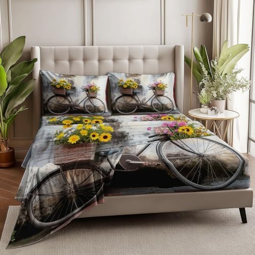 Fitted Sheet 3 Pieces Twin XL Size Retro Street Photography Bicycle