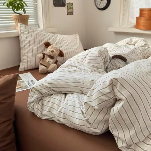 MKXI Twin XL Size Beige Brown Striped Duvet Cover Set - 3 Piece