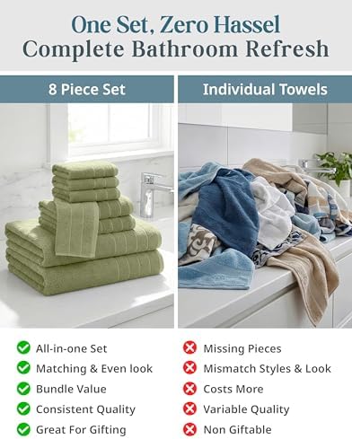 Casa Platino Towel Set for Bathroom 8 Piece Soft Absorbent - Oil Green