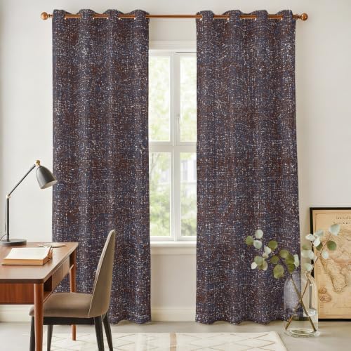 Brown Window Curtains Panels with Silver Grommet, Farmhouse Vintage