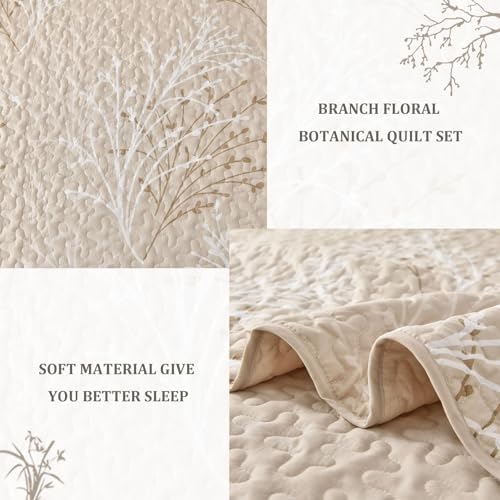 DJY Beige Quilt Set Queen Size - Branch Botanical Bedspread Coverlet