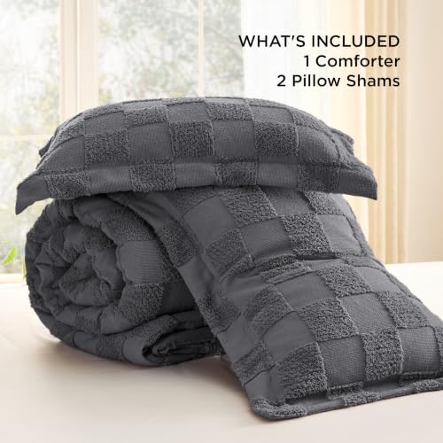 Bedsure Dark Grey Comforters Queen Set, Boho Soft Plaid Bedding Set