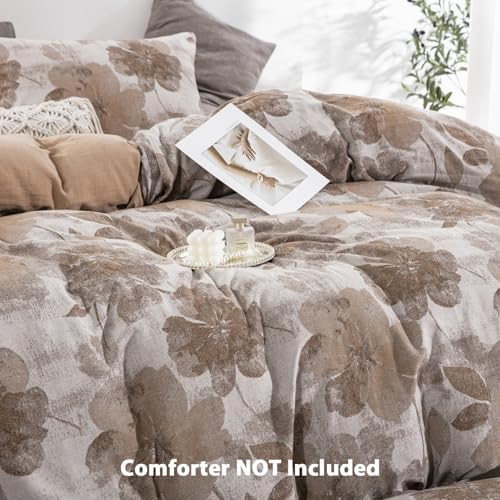 Brown Floral 100% Cotton Duvet Cover Queen Size, Soft Breathable