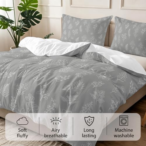 3 Pieces Bedding Set King Size, Grey Botanical Soft Duvet Covers Set