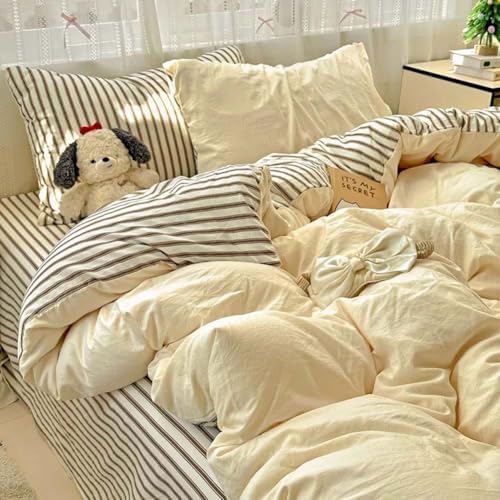 Nayoroom Yellow Duvet Cover Twin Reversible Brown Striped Bedding Set