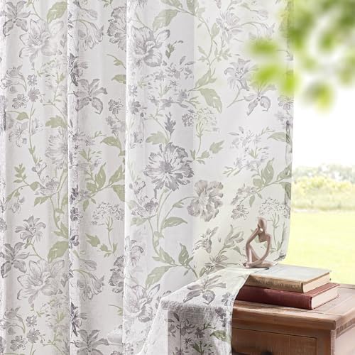 Gray Floral Sheer Curtains 63 Inch Length 2 Panels for Bedroom Rustic