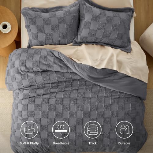 Bedsure Dark Grey Comforters Queen Set, Boho Soft Plaid Bedding Set
