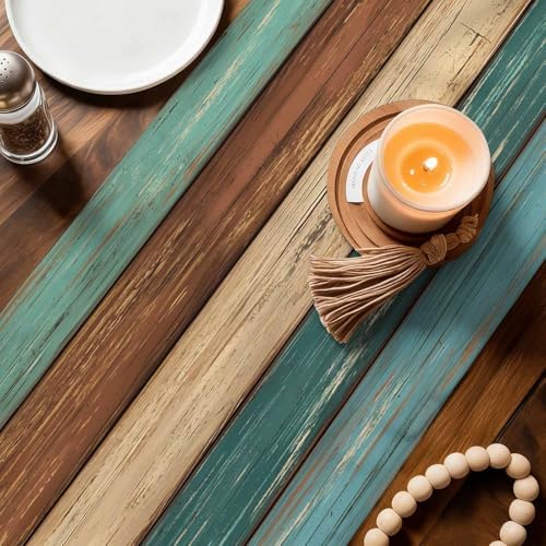 Cotton Linen Table Runner Dresser Scarves Retro Rustic Barn Wood&Teal