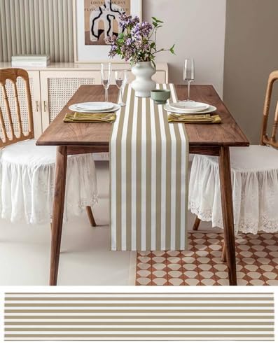Beige Striped Cotton Linen Rectangle Table Runners 13"x108", Modern