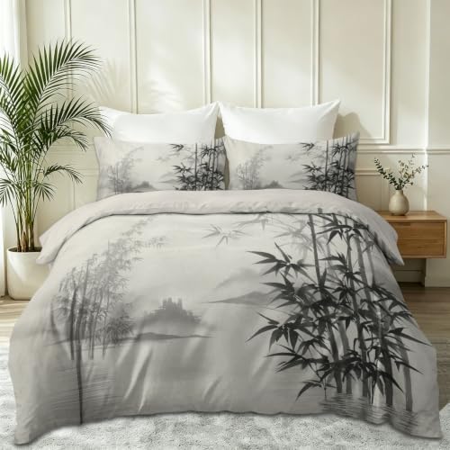 Duvet Cover King Size - Reversible Symmetrical Ink Wash Bamboo Leaf