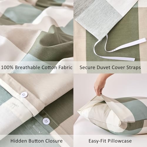 Sage Olive & Oatmeal Neutral Plaid Cotton Duvet Cover Set Twin Size