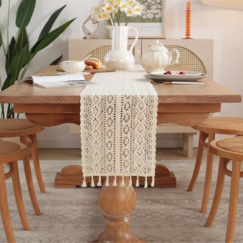 Gemseek 36 Inch Boho Crochet Table Runner, Beige Cotton Lace Table