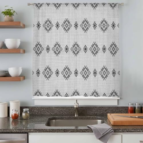 Sheer Curtains 63 Inches Long for Living Room/Bedroom, Grey Boho Rod