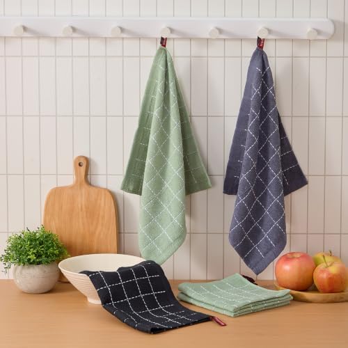 Egles 6 Pack Checkered Kitchen Towels, 100% Cotton, 12 x 12 Inch, Grey