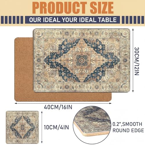 Bucherry 6 Sets Boho Cork Placemats 16 x 12 Inch, Blue