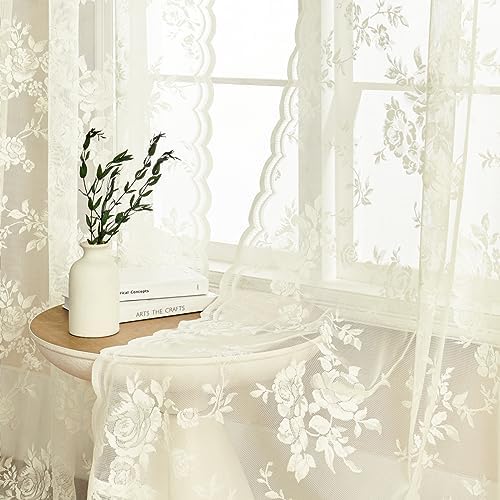 Cream Lace Curtains 108 Inches Long 2 Panels Victorian Floral Sheer