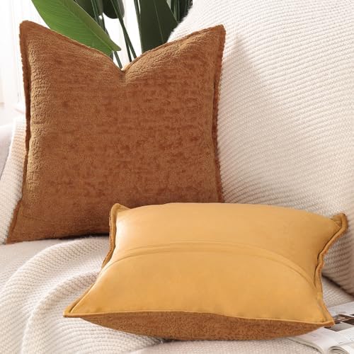 MADIZZ Pack of 2 Chenille Velvet Throw Pillow Covers 18x18 Inch Rust