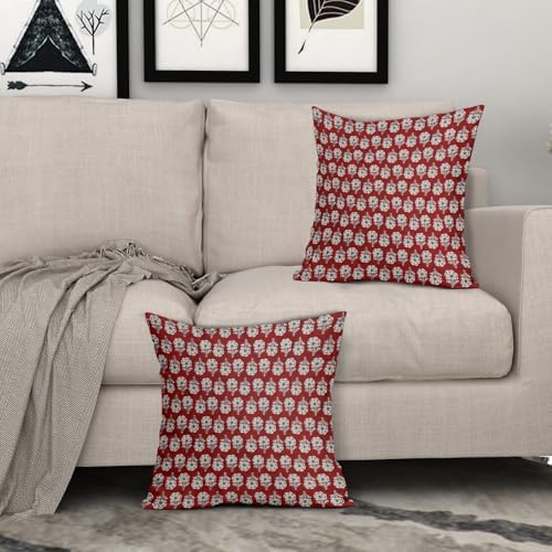Floral Pillow Covers 18x18 Inch Set of 2 Dark Red Flowers Block Print
