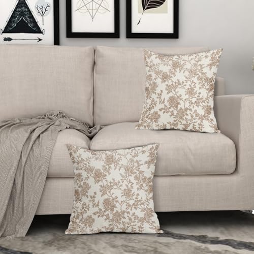 Light Brown Floral Pillow Covers 20x20 Set of 2 Vintage Flower Design