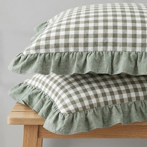 2 Pack Ruffled Gingham Throw Pillow Covers 18x18 Green Plaid