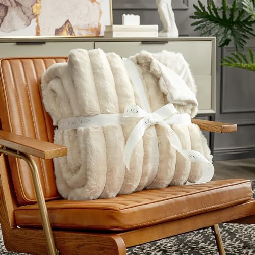 Cozy Bliss Faux Fur Throw Blanket for Couch, Cozy Warm Plush Striped