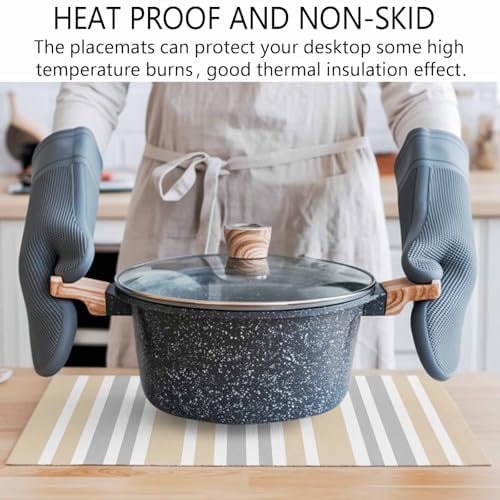 Placemats Set of 6, Beige Grey Stripe Cotton Linen Place Mats
