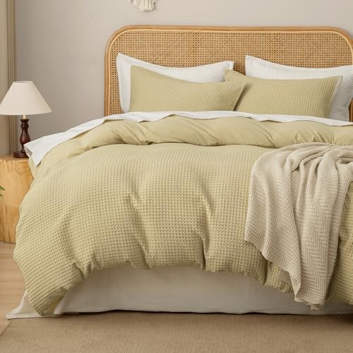 David's Home Textured Waffle Weave Duvet Cover Set, Twin Size, Pale