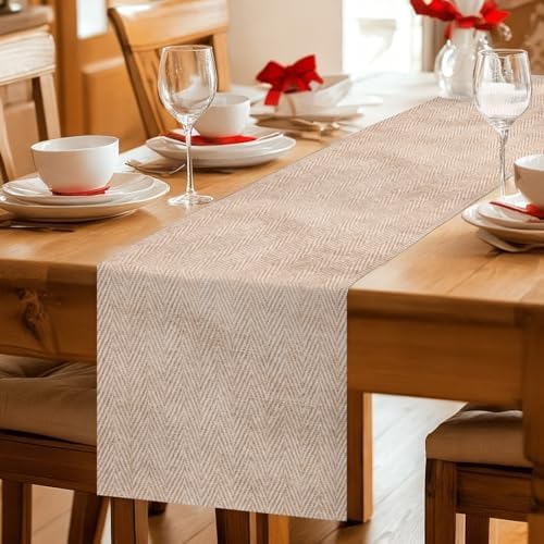 Beige Burlap Texture Table Runner 108 Inches, Farmhouse Nature Linen