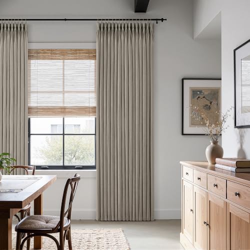 Grey Beige Pleated Linen Curtains 120 Inch Length 2 Panels Set Semi