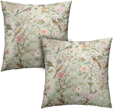 Green Floral Bird Pillow Covers 22x22 Set of 2 Chinoiserie Throw