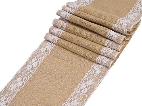 VDS Pack of 10, Burlap Table Runner with White Lace Edge, 100% Natural