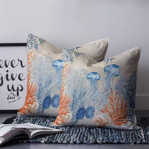16x16 Pillow Covers Set of 2, Coastal Jellyfish Throw Pillow Covers