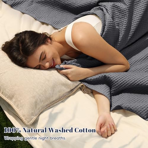 PHF 100% Cotton Waffle Blanket Lightweight Breathable, Queen Size