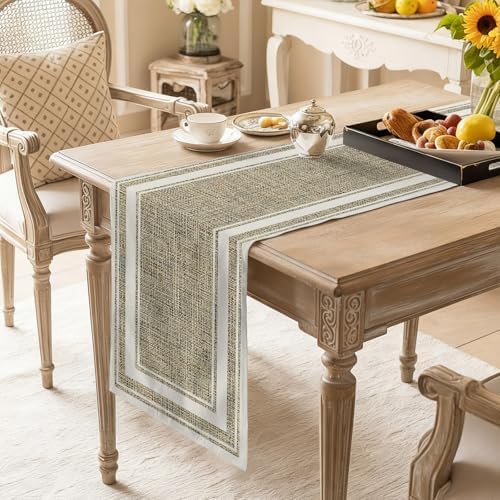 White Double Border Table Runner, Farmhouse Linen Woven Texture Beige