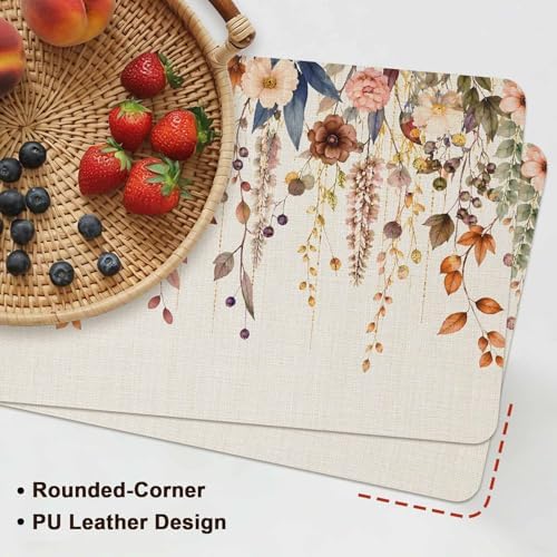 Hello Fall Faux Leather Placemats Set of 6, 12x18in, Waterproof Heat