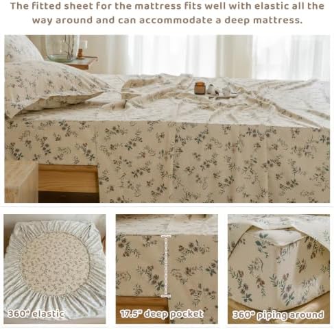 QSH 100% Cotton Sheets Set Twin Size,4PCs Floral Botanical Sprig Print
