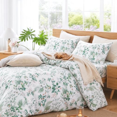 100% Cotton Pink Floral Duvet Cover Queen Size – Green Botanical Duvet