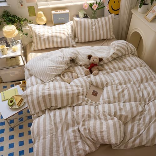 EAVD Retro Striped Duvet Cover Set Twin XL Khaki White Washed