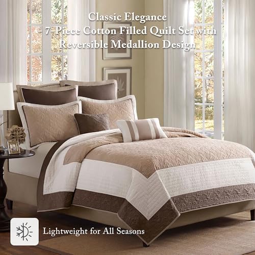 Madison Park Reversible Breathable Coverlet Beige Queen Quilt Set, 7pc