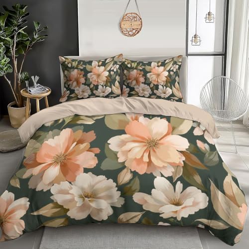 3 Pieces Plants and Flowers Duvet Cover Duvet Cover with Zipper and 2