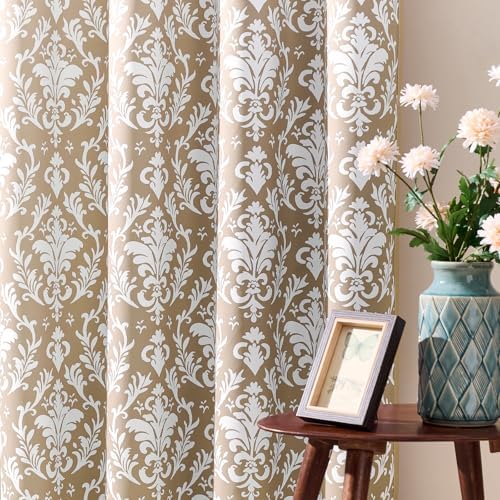 Beige Curtains 84 Inches Long 2 Panels Light Brown Damask Curtains
