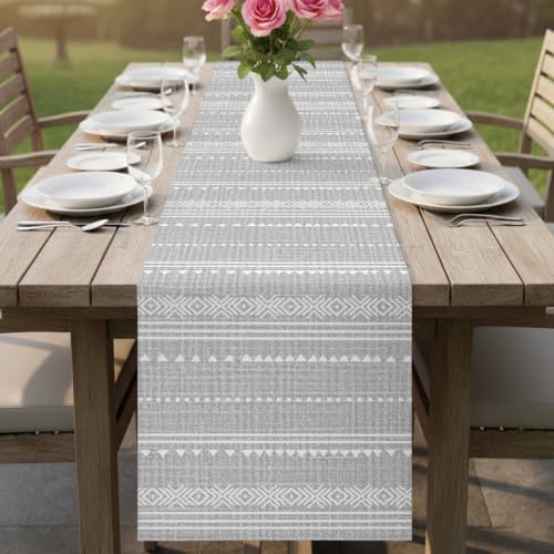 Light Grey Boho Table Runner 108 Inches Long, Rthnic Modern Geometric