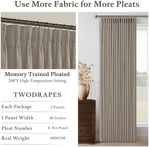 Linen Taupe Pinch Pleat Memory Shaped Light Filtering Curtains 96 Inch